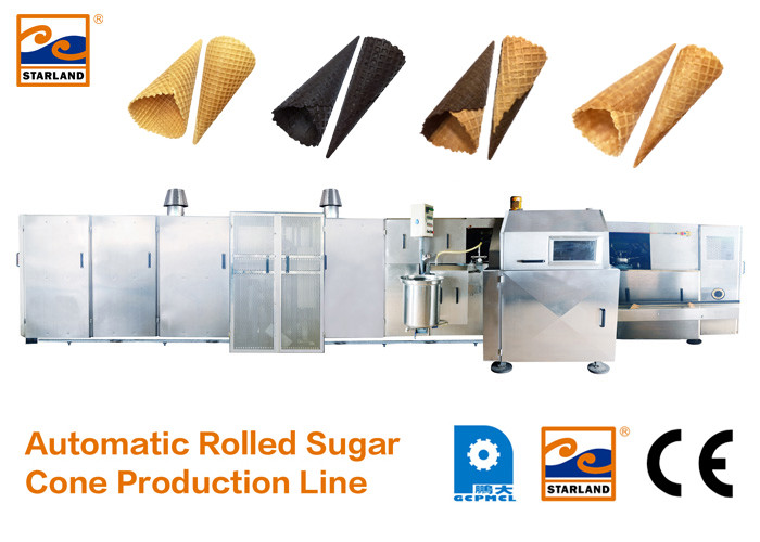Cadena de producción automática certificada CE del cono del azúcar con rápido calentando para arriba el horno, cono de helado de 63 placas que cuece Productio